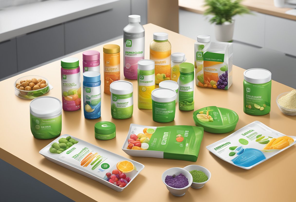 A colorful array of Herbalife Nutrition products arranged on a sleek, modern countertop, with vibrant packaging and enticing product labels