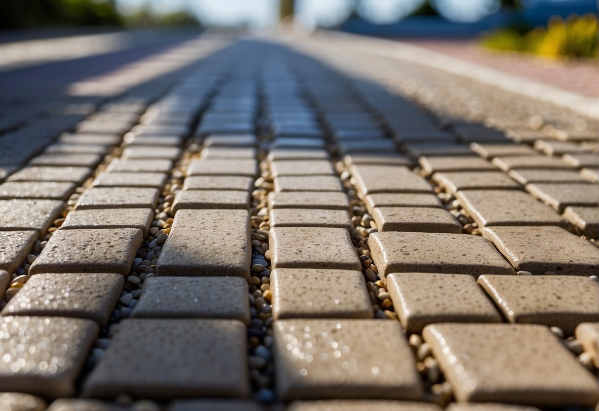 A sunny day in Fort Myers, with permeable pavers lining a driveway. The pavers are durable and long-lasting, allowing water to seep through, reducing runoff