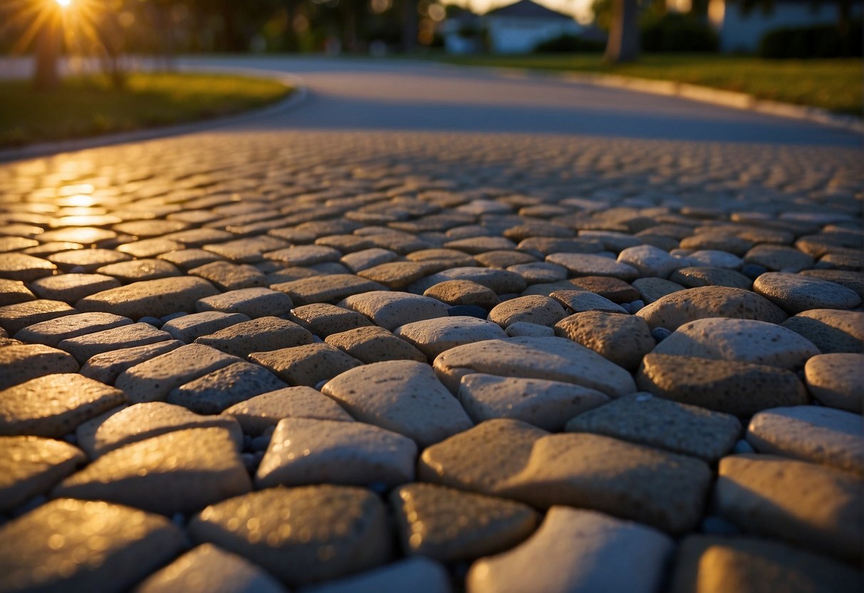 The sun sets over a residential driveway in Fort Myers, where durable permeable pavers create a visually appealing and long-lasting surface