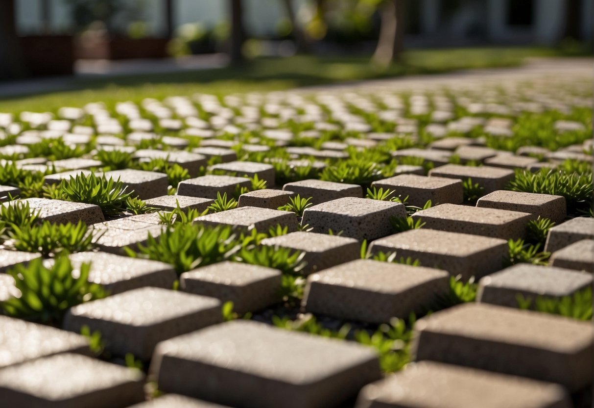Permeable pavers laid in a precise pattern, surrounded by lush greenery and under a bright Florida sun