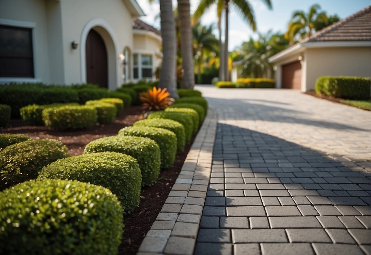 A suburban driveway with permeable pavers, surrounded by lush landscaping and a modern home in Fort Myers