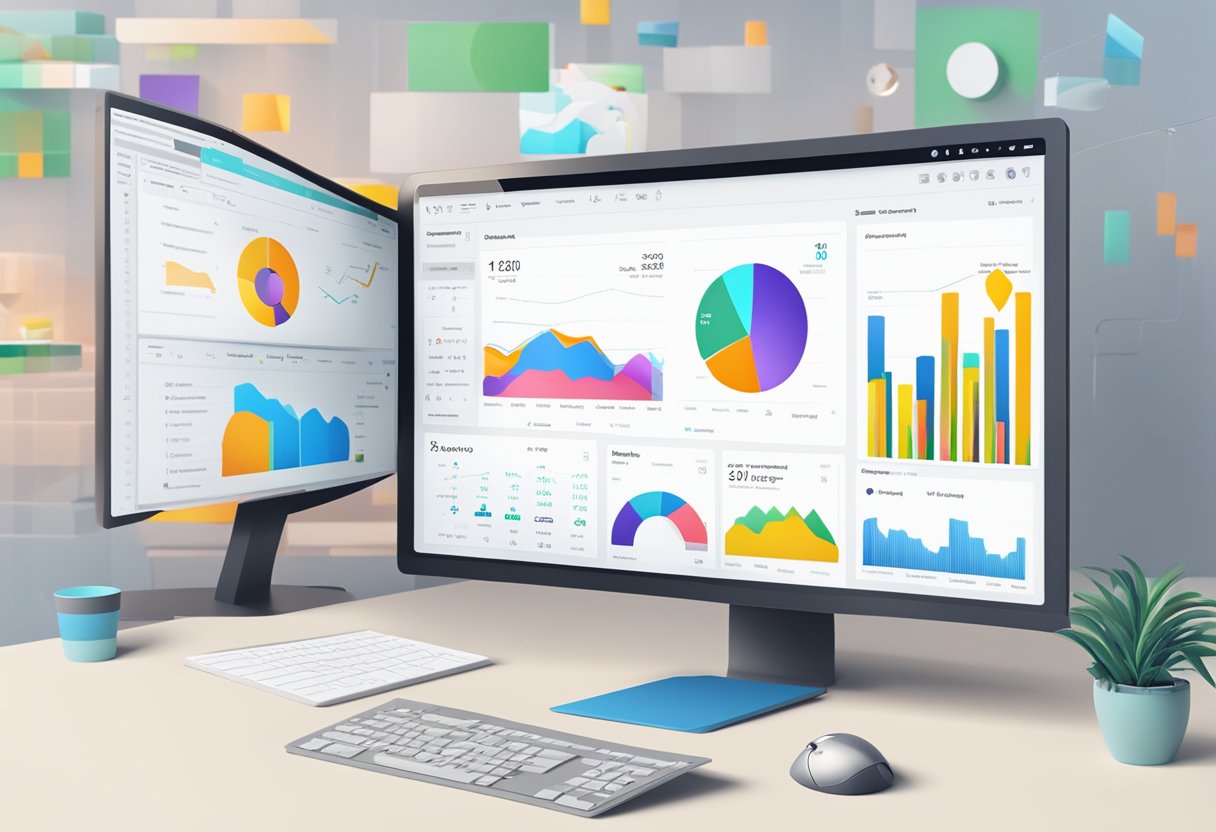 A computer screen displays the VidIQ dashboard with colorful analytics and data visualizations. A mouse hovers over the interface, ready to click and interact