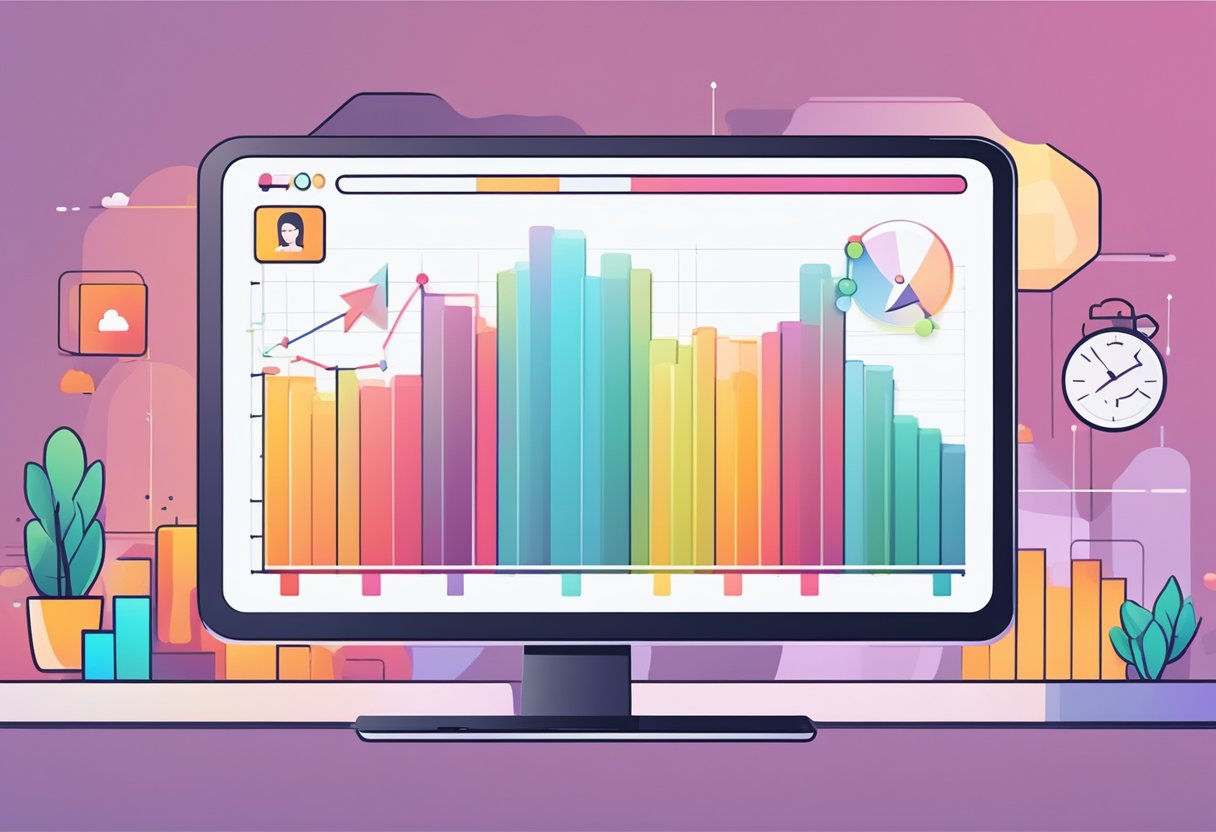 A computer screen showing a Youtube channel with increasing subscriber count, engagement metrics, and video views. A graph or chart displaying growth trends