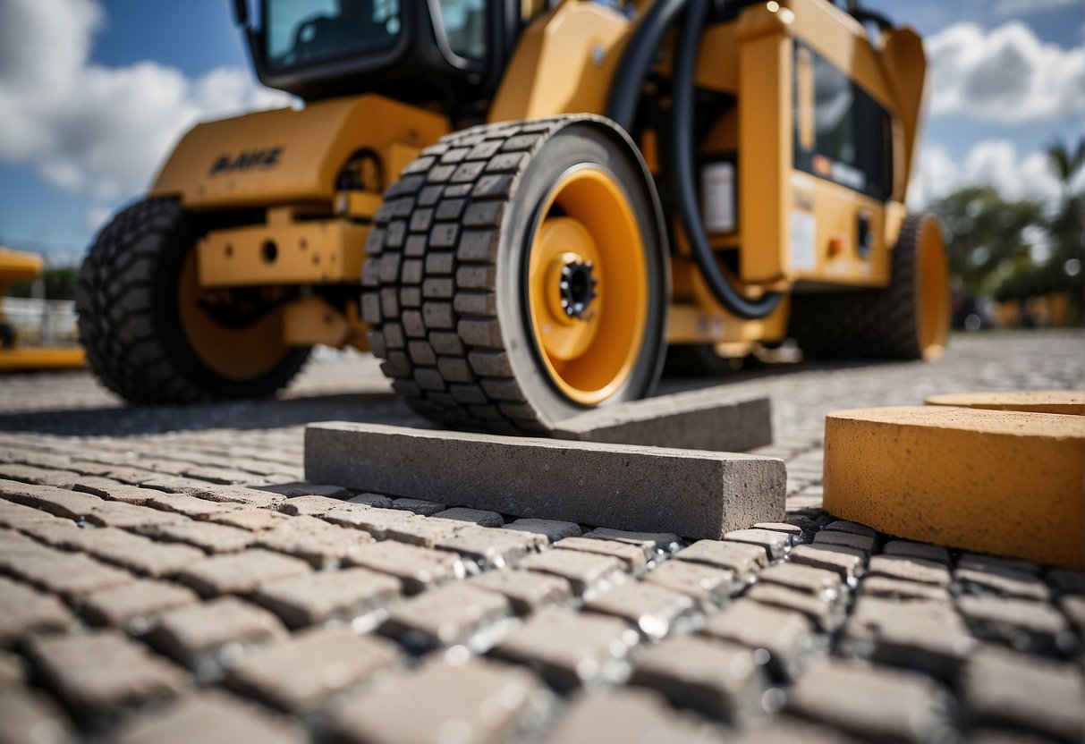 Heavy machinery lays permeable pavers in a Fort Myers construction site, demonstrating proper installation techniques. Cost considerations are displayed on a nearby sign