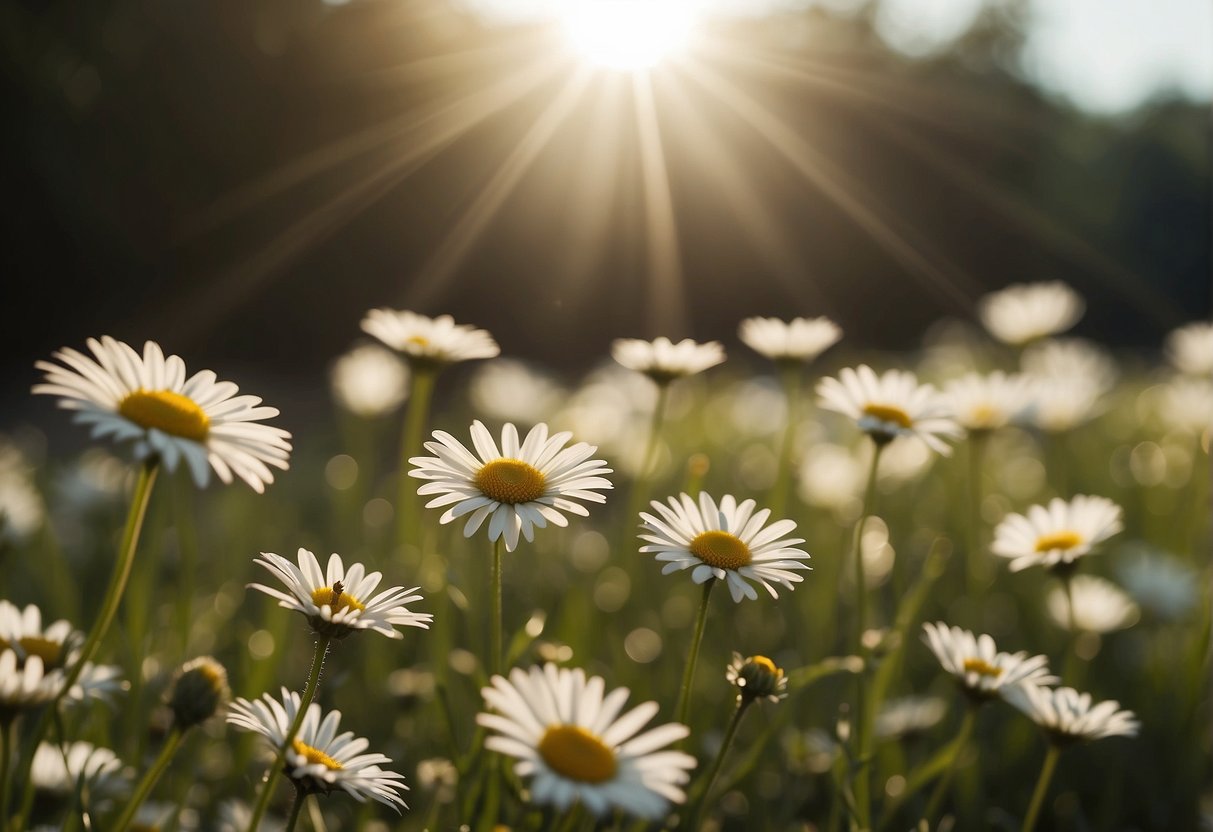 Bright sunlight beams down on a field of daisies, their petals open and reaching towards the sky