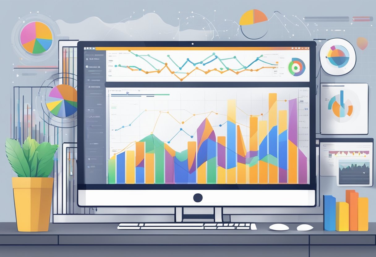 A computer monitor displaying a graph of video performance metrics with a upward trend line, surrounded by various video editing tools and analytics software