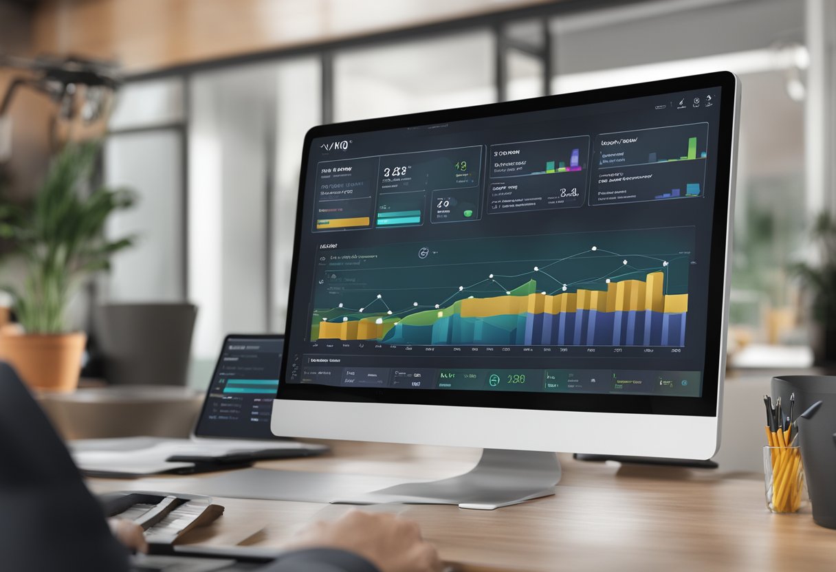 A computer screen displaying VidIQ features and tools. Graphs and analytics are visible, along with the VidIQ logo