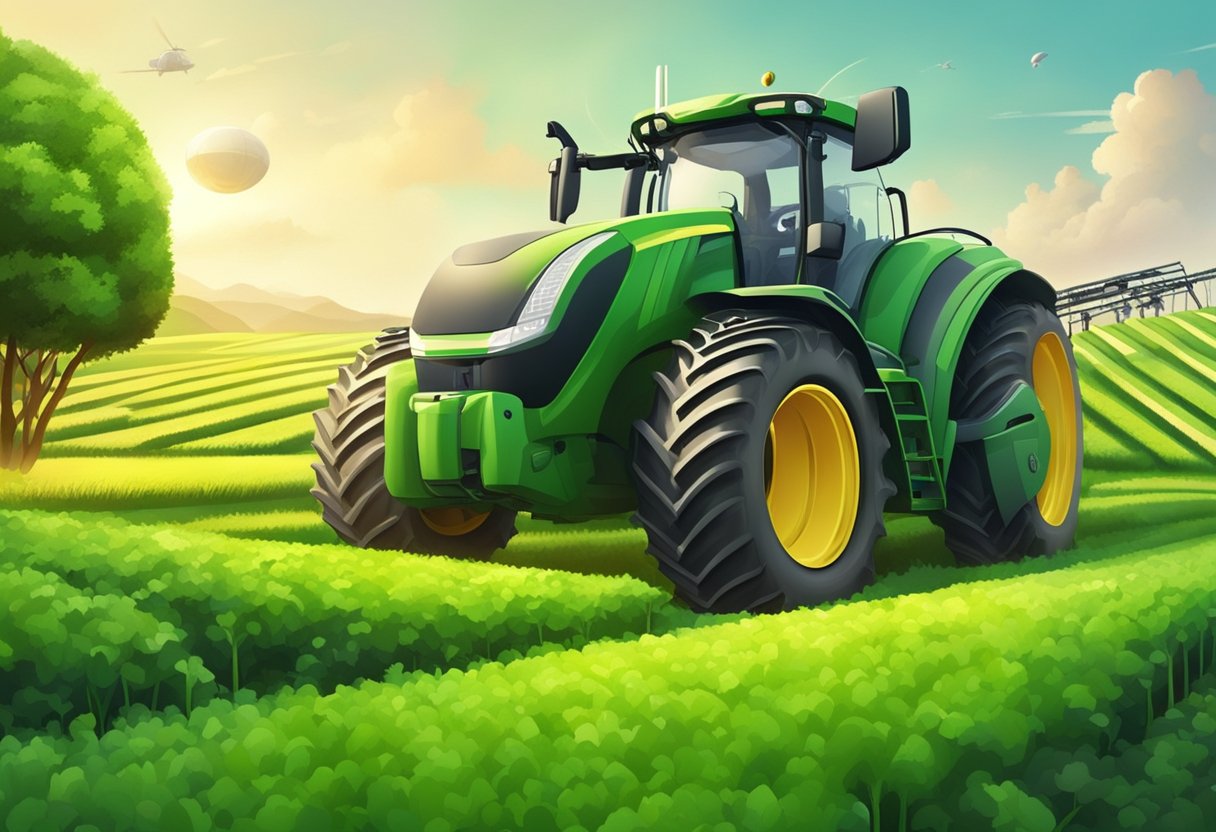 Lush green fields with advanced farming equipment and futuristic technology