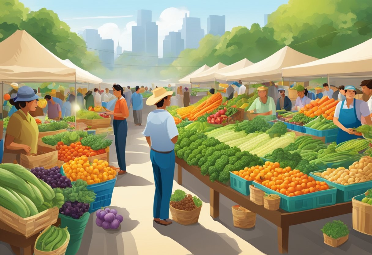 A bustling market with vibrant displays of fast-growing and profitable crops. Buyers and sellers engage in lively discussions, surrounded by an array of fresh produce and agricultural products