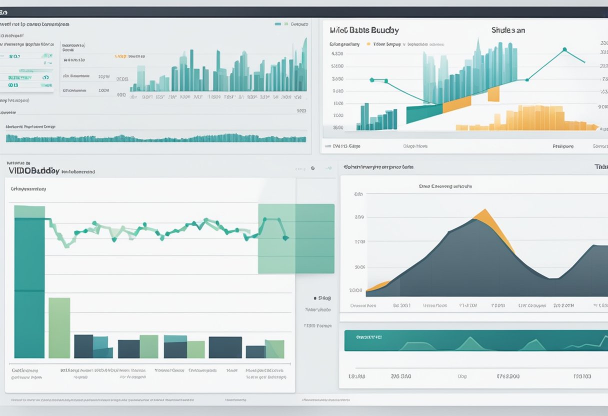 A computer screen split in half, one side displaying VidIQ and the other displaying TubeBuddy. Charts and graphs show analytics and data