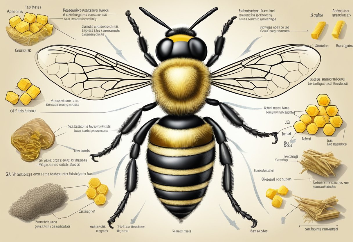 A bee's abdomen and its functions, with a focus on the stinger and wax glands