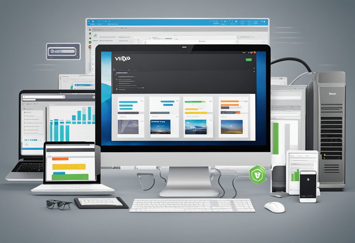 A computer screen with vidiq and tubebuddy logos displayed, surrounded by various tech devices and notebooks