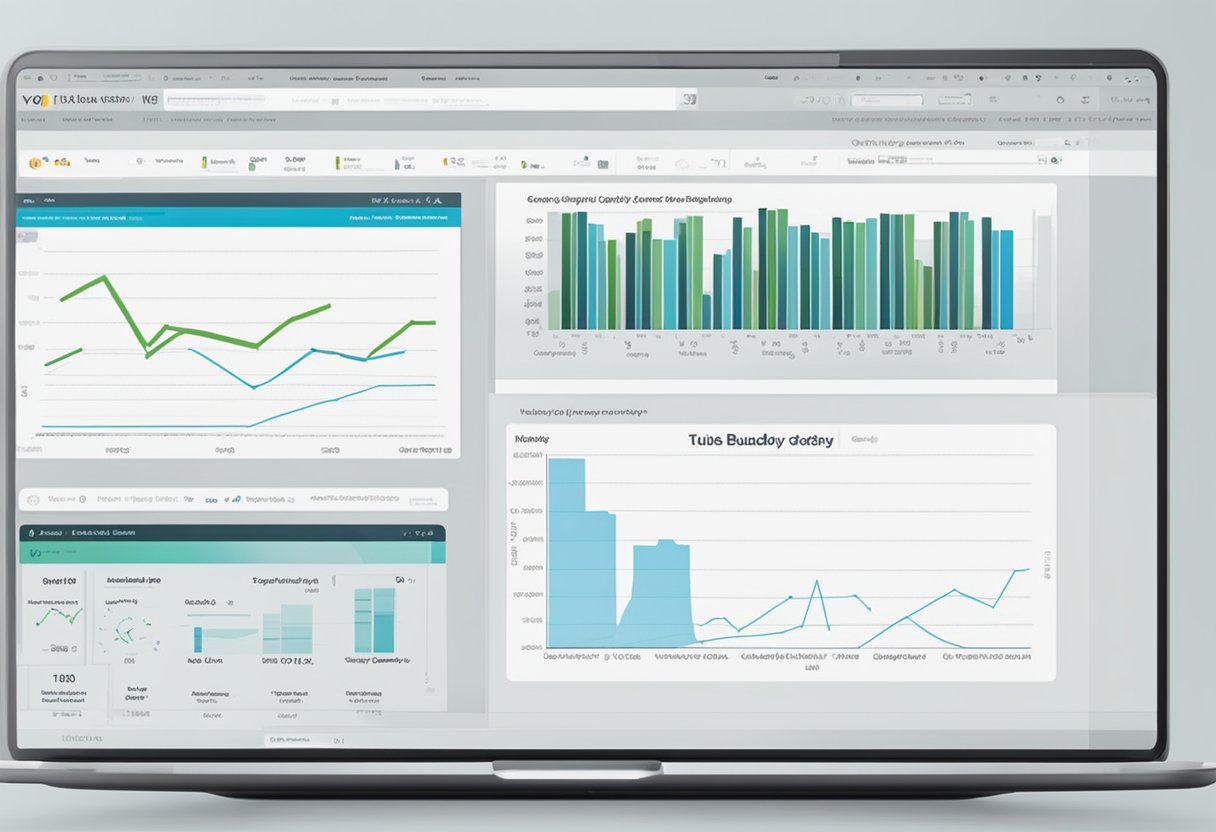 A computer screen displays vidiq and tubebuddy logos with charts and graphs showing optimization strategies