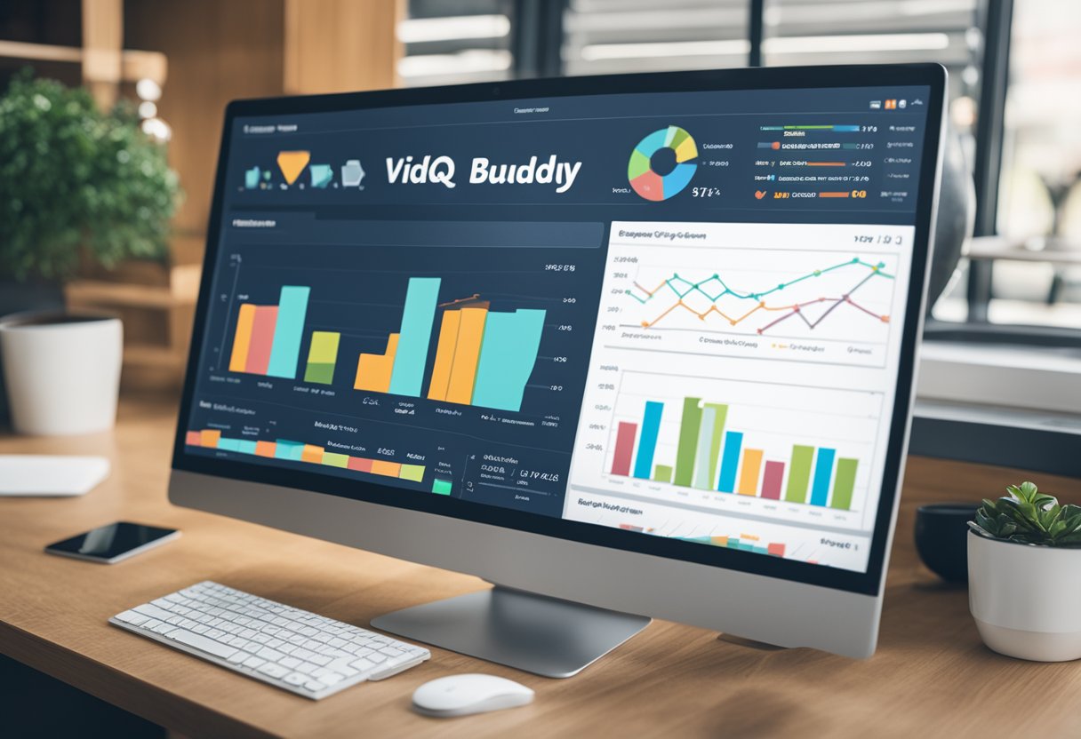 A computer screen displaying vidiq and tubebuddy logos with analytics charts and promotion tools