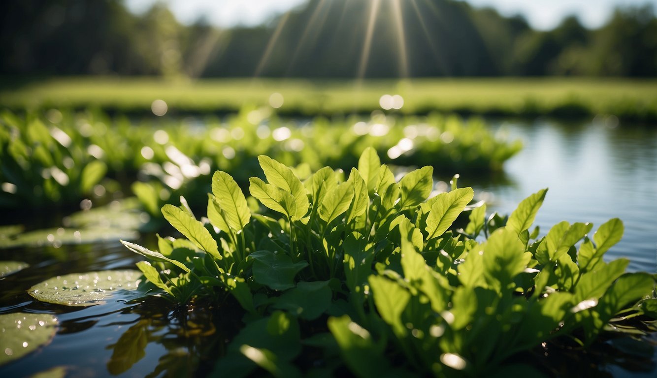 A vibrant green chlorella plant thrives in a clear, nutrient-rich pond, surrounded by lush vegetation and basking in the warm sunlight