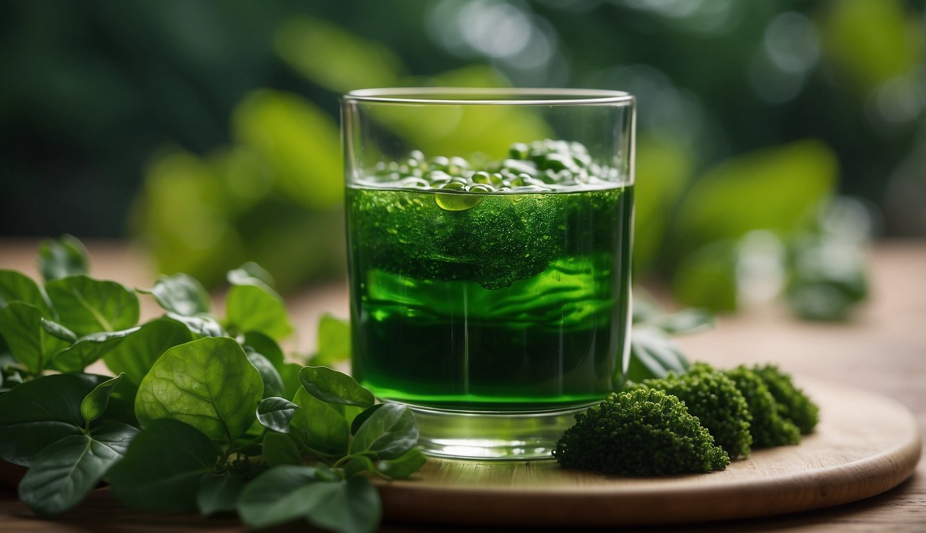A swirling mass of green chlorella forms in a glass of water, surrounded by vibrant green leaves and natural elements