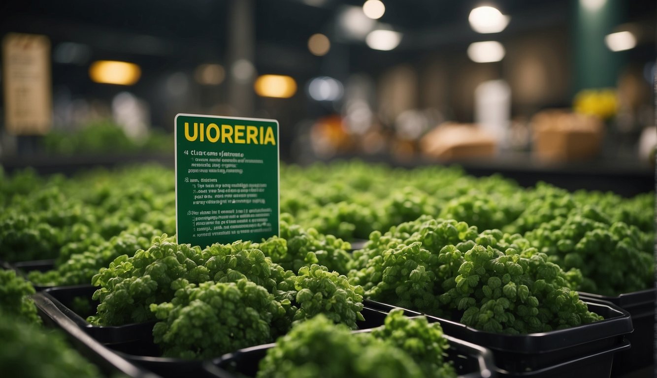 A vibrant green chlorella plant surrounded by caution signs and warning labels, with a list of potential side effects and precautions prominently displayed