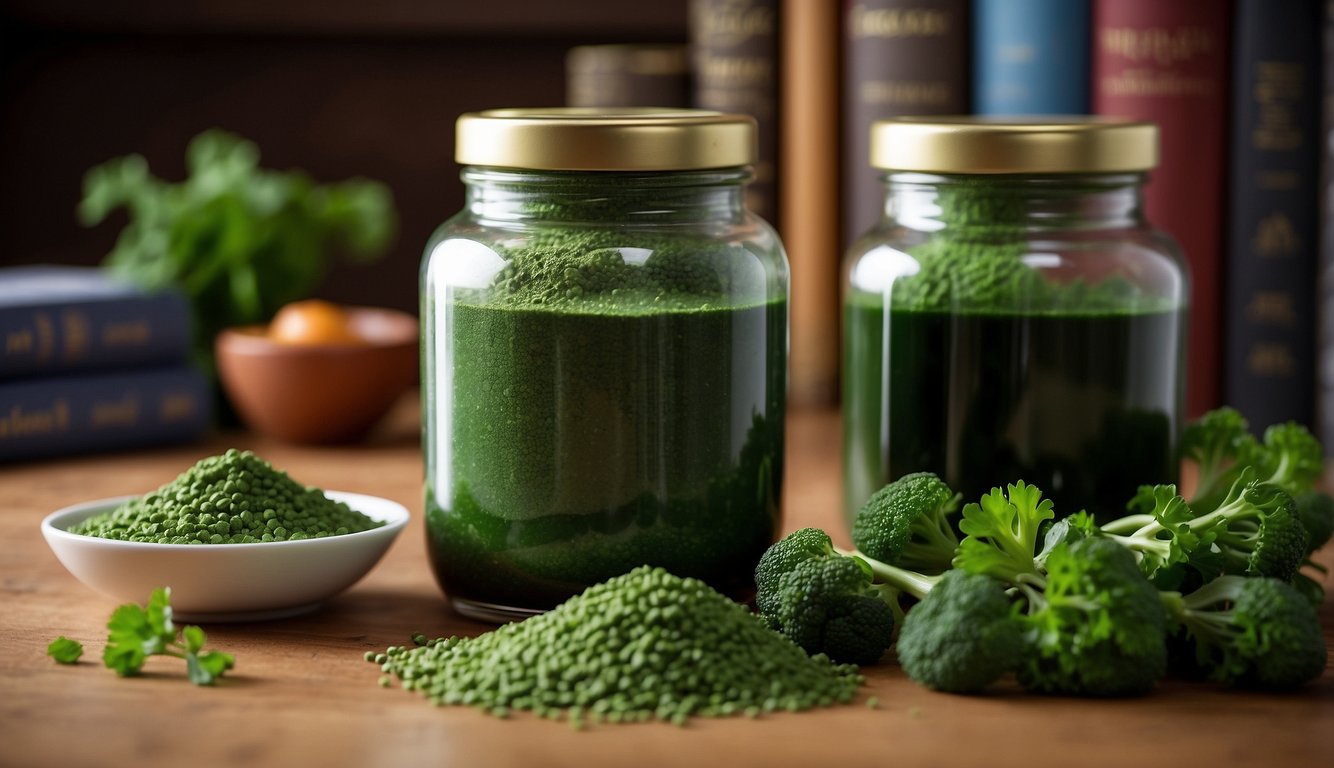 A glass jar of chlorella powder next to a stack of books on health and nutrition, with a handful of fresh green vegetables in the background