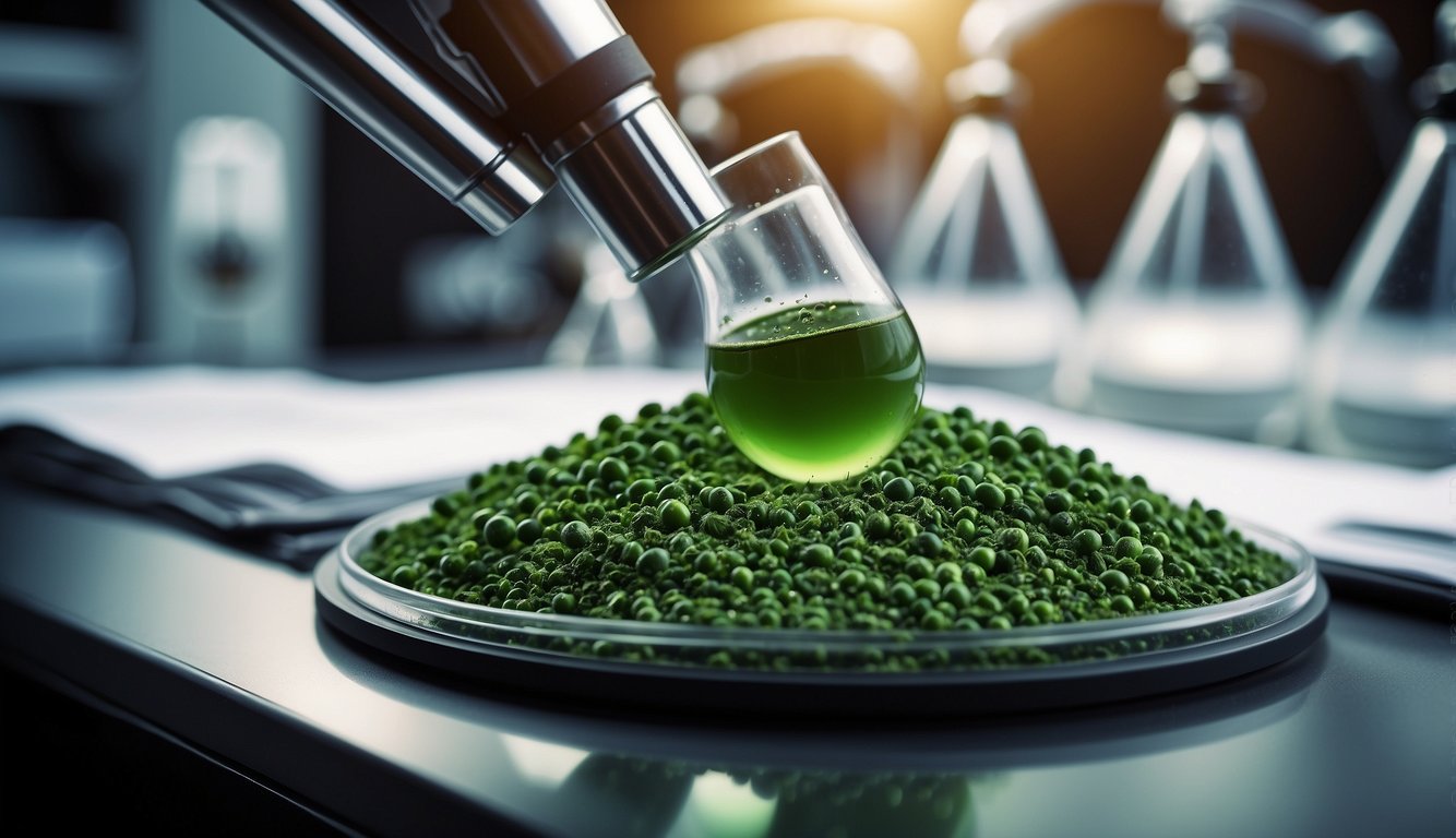 Chlorella under a microscope, surrounded by scientific equipment and research papers