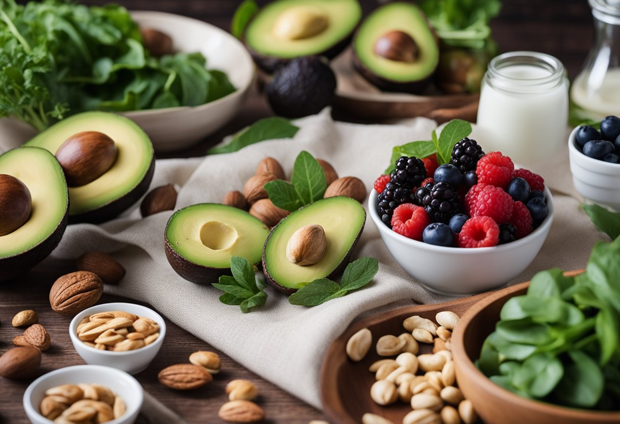 A table with a variety of foods: avocados, berries, leafy greens, and nuts. A measuring tape and a list of "visceral fat burning foods" nearby