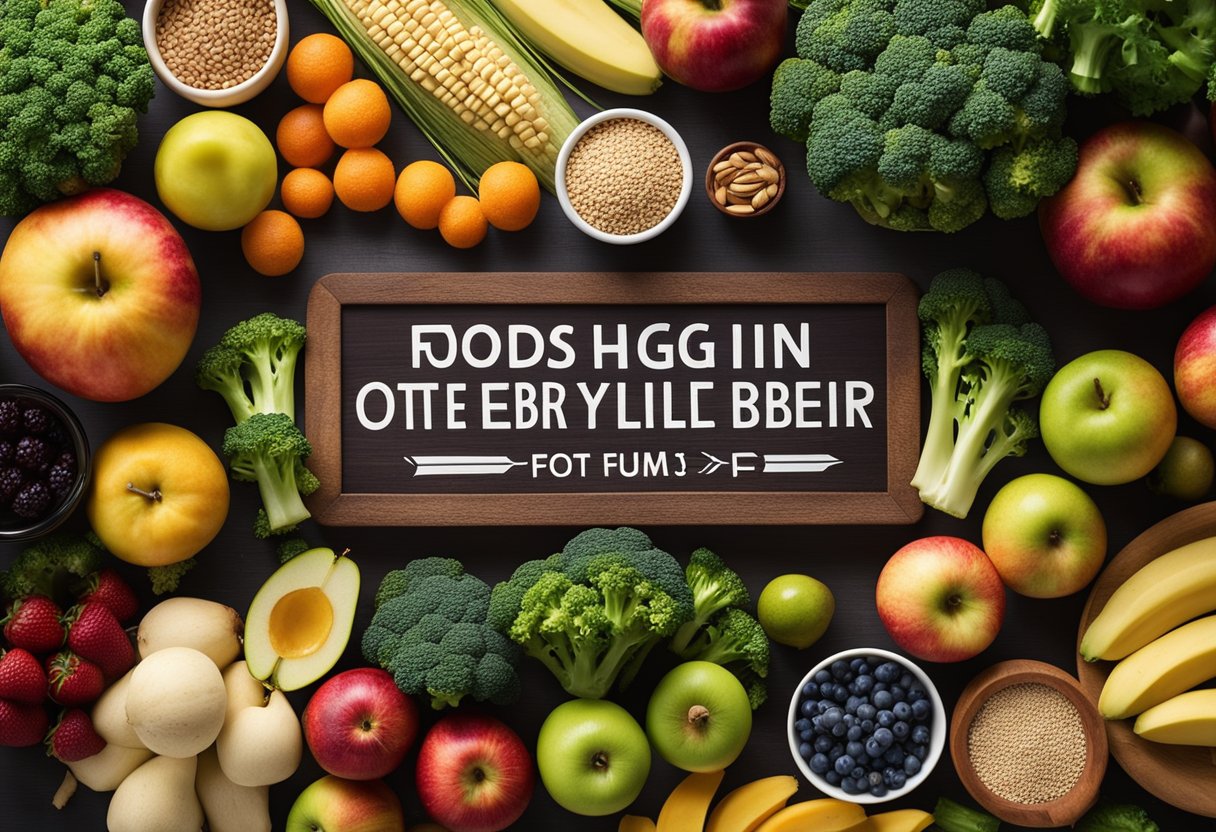 A colorful array of fruits, vegetables, and grains, such as apples, oats, and broccoli, are arranged on a table, with a banner reading "Foods High in Soluble Fiber" above