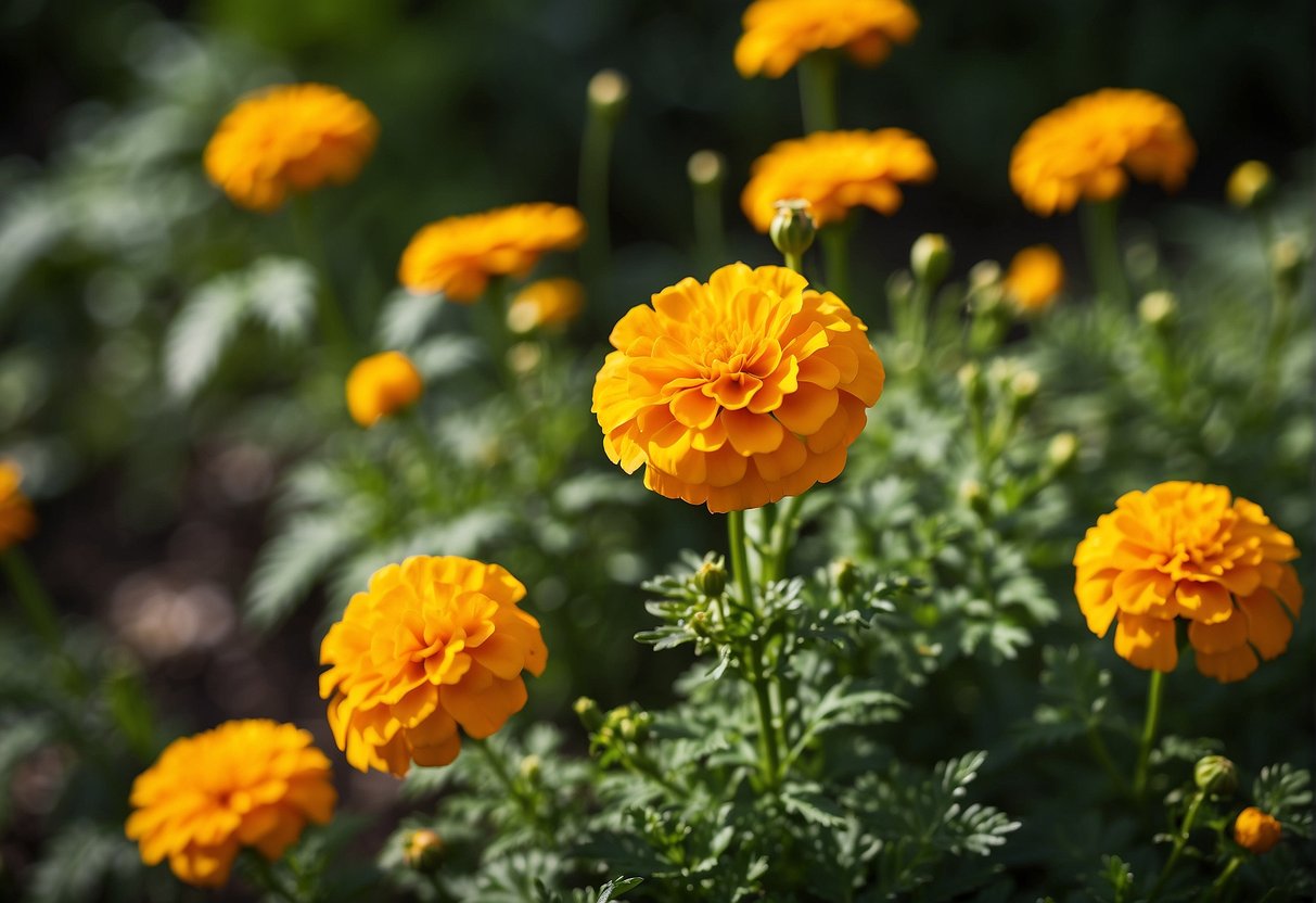 Vibrant marigolds bloom again, their golden petals reaching towards the sun, surrounded by lush green foliage