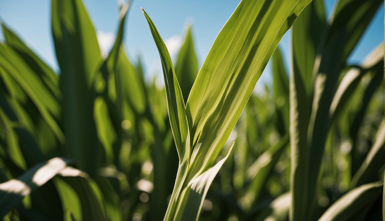 A close-up view of a cornstalk with long, silky threads emerging from the ear, surrounded by green leaves and a blue sky in the background