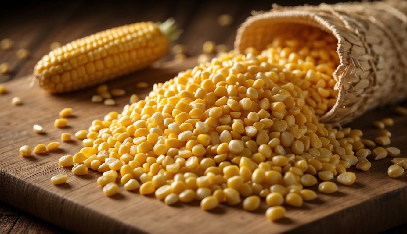 A pile of cornsilk lies on a wooden cutting board, surrounded by scattered corn husks and kernels. The silk is long, thin, and golden in color, with a slightly glossy sheen