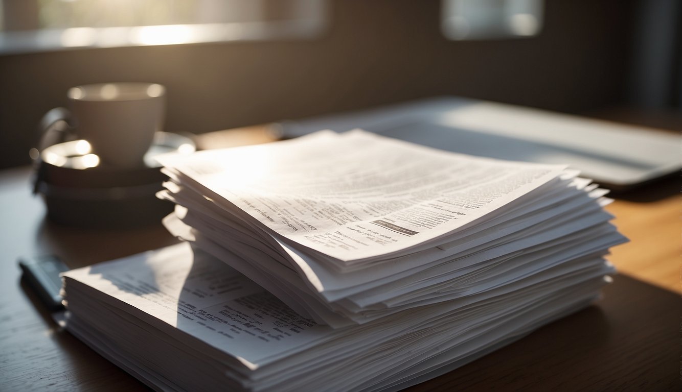 A stack of FAQ sheets on a desk, with a computer and phone nearby. Sunlight streams through a window, casting shadows on the papers