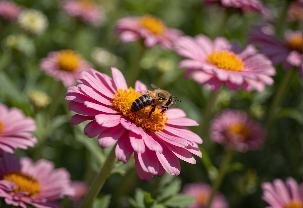 Bees hover around zinnias, gathering nectar and pollen