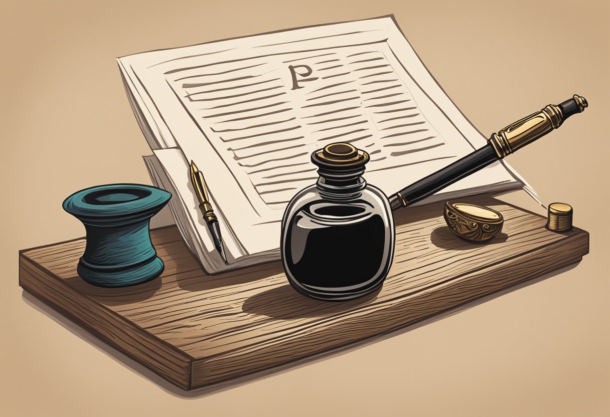 A quill pen and inkwell sit on a wooden desk, symbolizing the cultural significance of writing tools. The word "pen" is written in Spanish beside them
