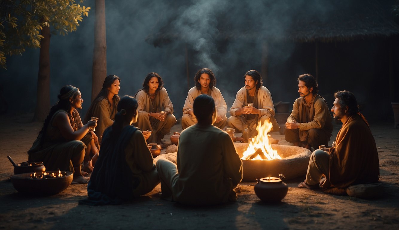 A group of people from ancient civilizations gather around a fire, brewing and consuming damiana tea for its medicinal and aphrodisiac properties