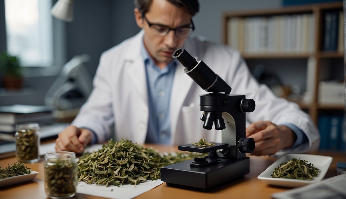 A scientist examines dried damiana leaves under a microscope, surrounded by research papers and studies on the benefits of the herb
