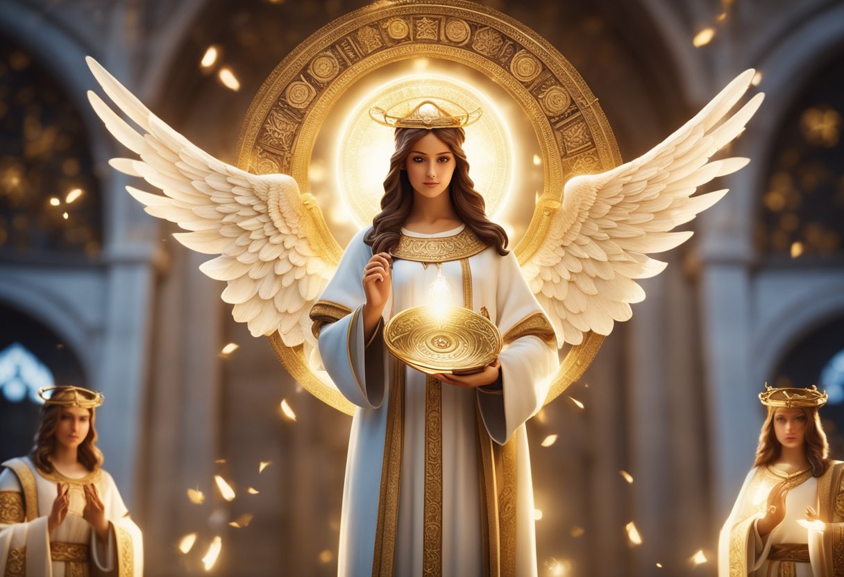 Angels in traditional scriptures: heavenly beings with wings and radiant halos, surrounded by divine light and holding sacred scrolls or symbols