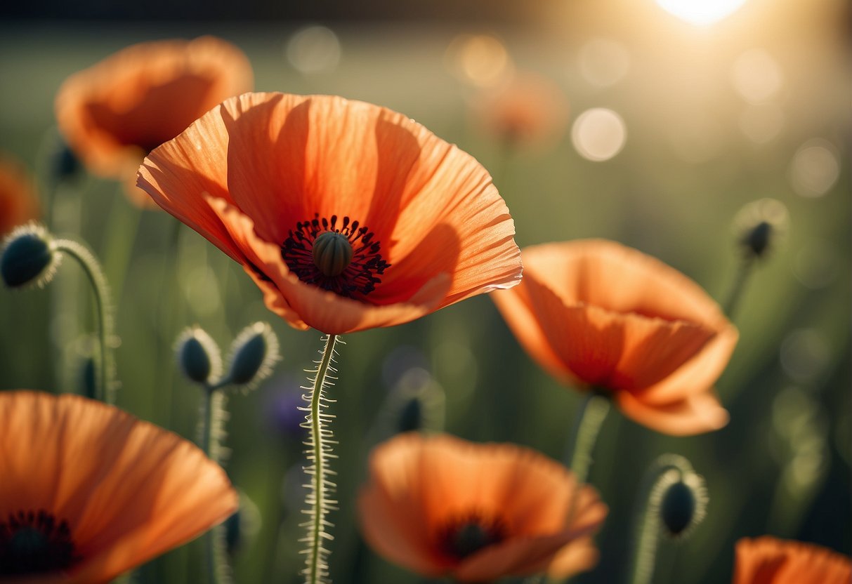 Vibrant poppies bloom in a sun-drenched field, their delicate petals swaying in the warm summer breeze
