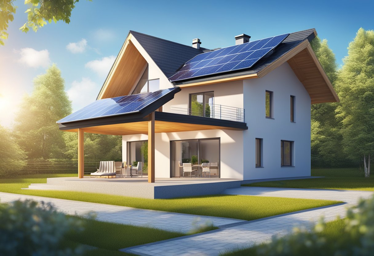 A modern, energy-efficient house in Lithuania with solar panels, efficient insulation, and smart technology. Vibrant greenery surrounds the home, and a clear blue sky with a shining sun overhead