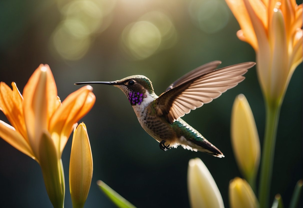 A hummingbird hovers near a lily, its iridescent feathers catching the sunlight as it delicately sips nectar from the flower's trumpet-shaped blossom