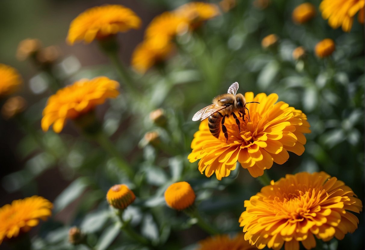 Honey bees swarm around bright marigold flowers, eagerly collecting nectar and pollen