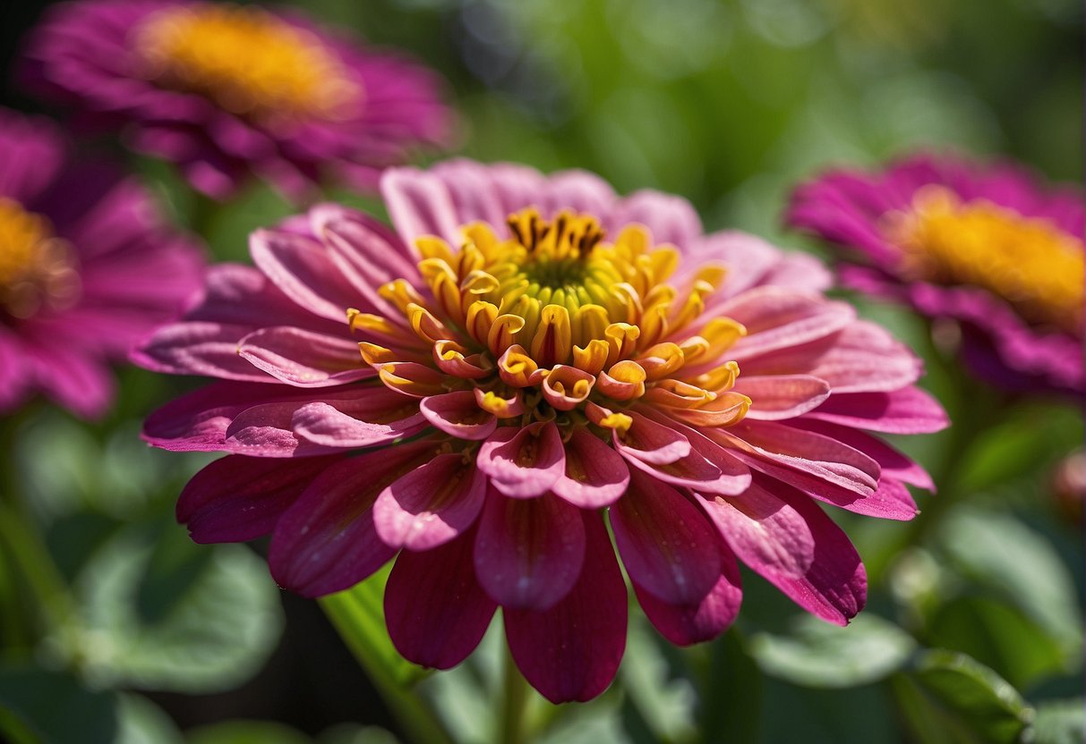 Zinnias bloom annually in a vibrant garden, their colorful petals reaching towards the sun