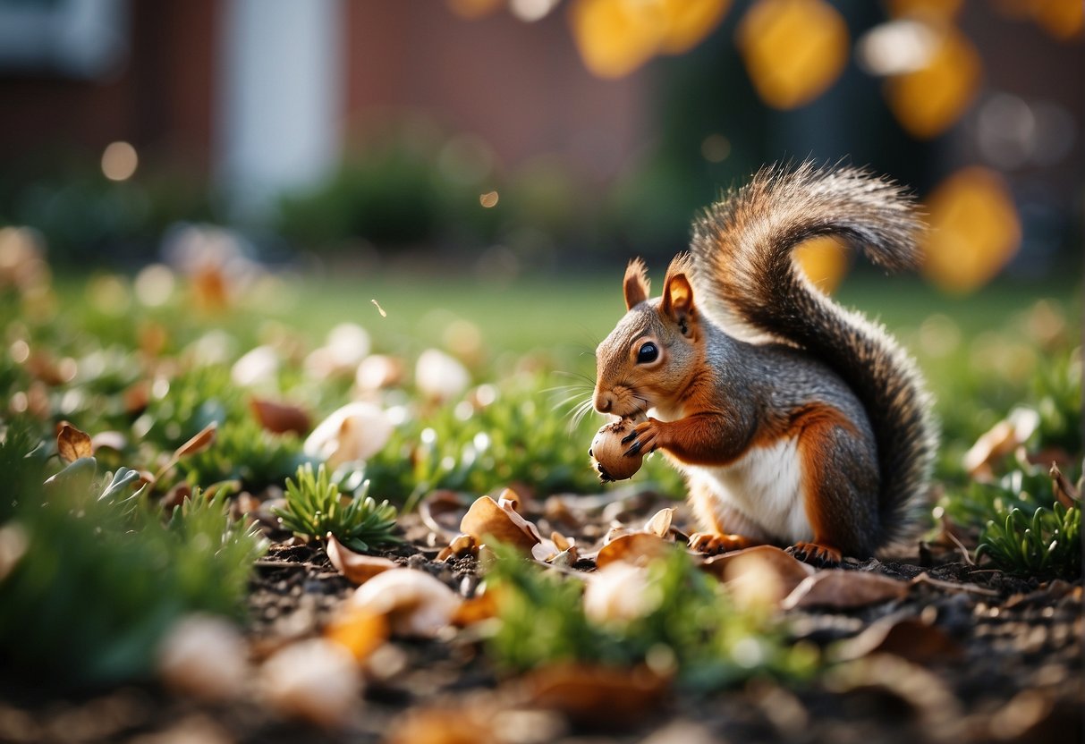 A squirrel nibbles on a lily bulb, surrounded by fallen petals and scattered leaves in a garden bed