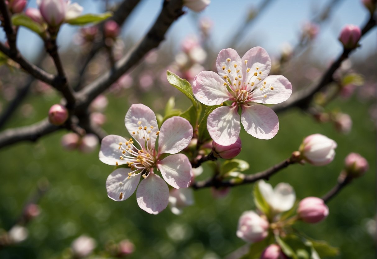 Apple trees bloom with delicate white and pink flowers, creating a beautiful and vibrant scene in the orchard