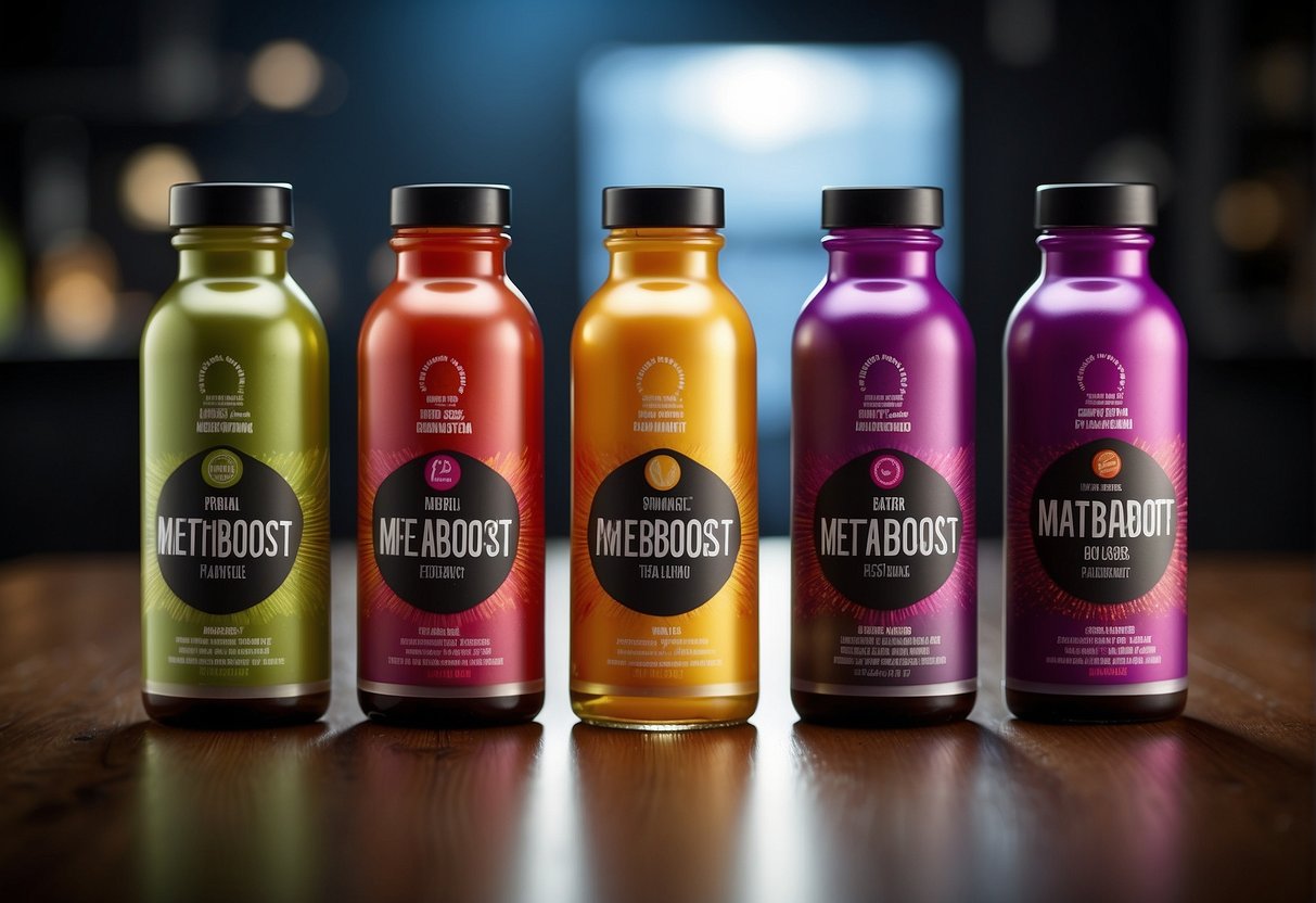 MetaBoost power shots line up in a row, each bottle vibrant with energy. The labels display bold, dynamic graphics, hinting at the powerful ingredients inside