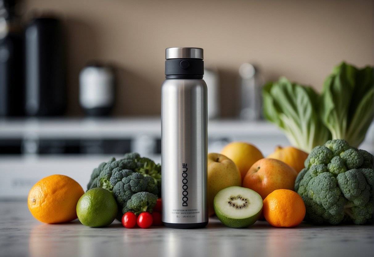 A bottle of MetaBoost Power Shots sits on a clean, minimalist countertop surrounded by fresh fruits and vegetables, a yoga mat, and a water bottle