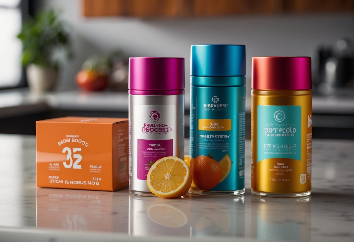MetaBoost power shots arranged on a clean, modern countertop. Bright, vibrant colors and sleek packaging convey a sense of energy and vitality