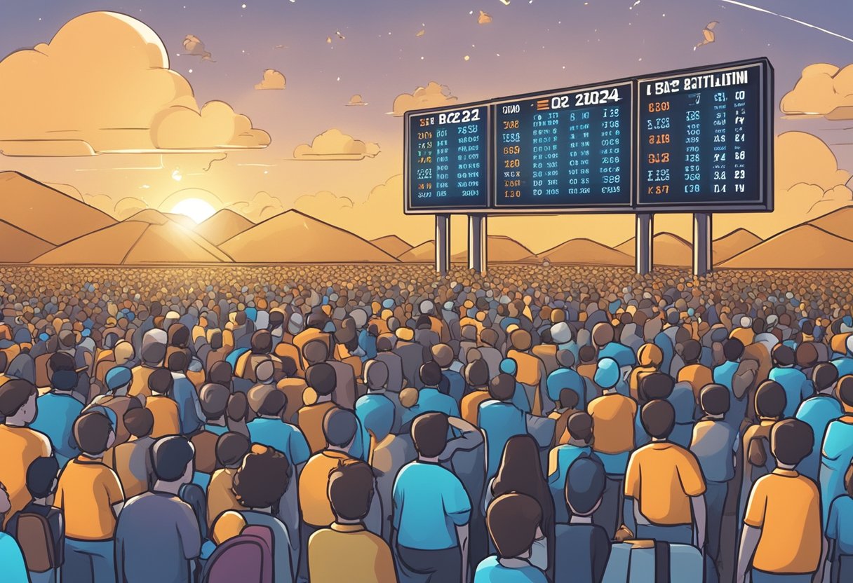 The scene shows a digital clock counting down to the 2024 Bitcoin Halving event. The atmosphere is filled with anticipation and excitement as people speculate on the potential consequences of this significant event