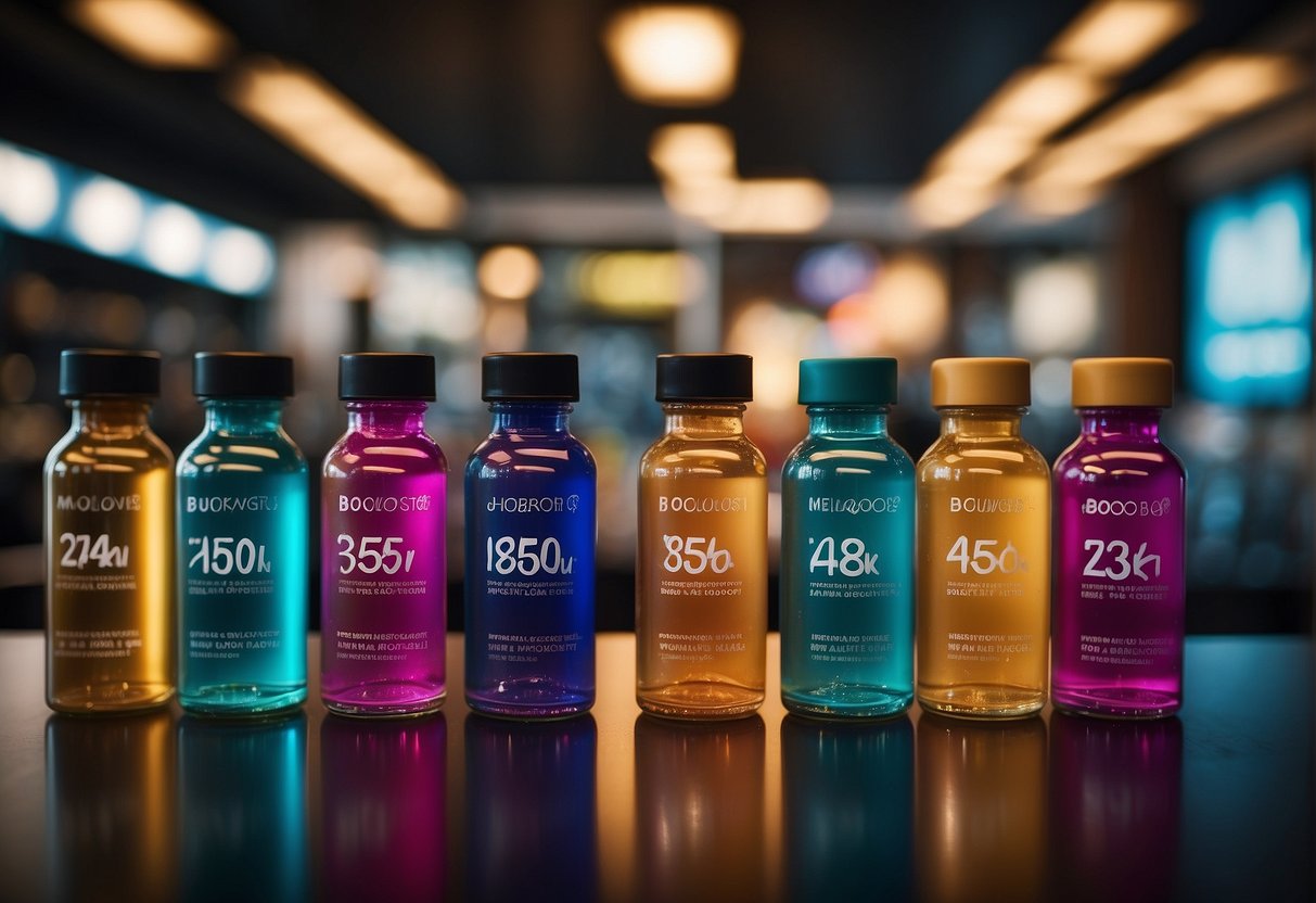 A colorful display of MetaBoost power shot bottles arranged in a neat row, with the product name and frequently asked questions surrounding them
