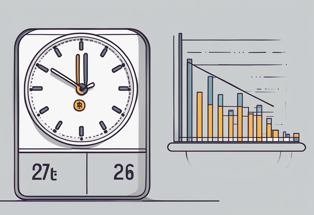 The Bitcoin Halving event in 2024: A digital clock counting down to zero, while a graph shows a decrease in supply and an increase in demand