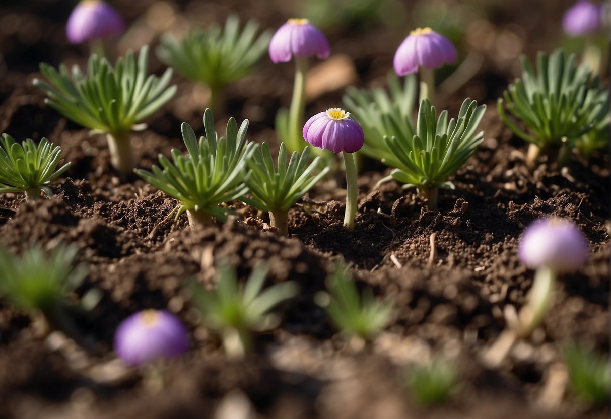Anemone bulbs lay flat on soil, pointed end facing up