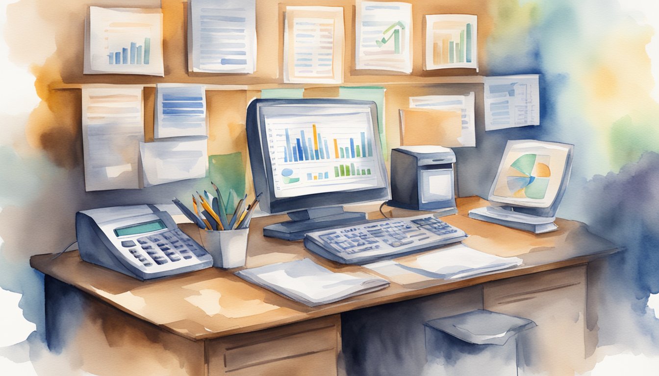 A desk with a computer, calculator, and financial reports. Charts and graphs on the wall. A sign reads "Bookkeeping Services Available."