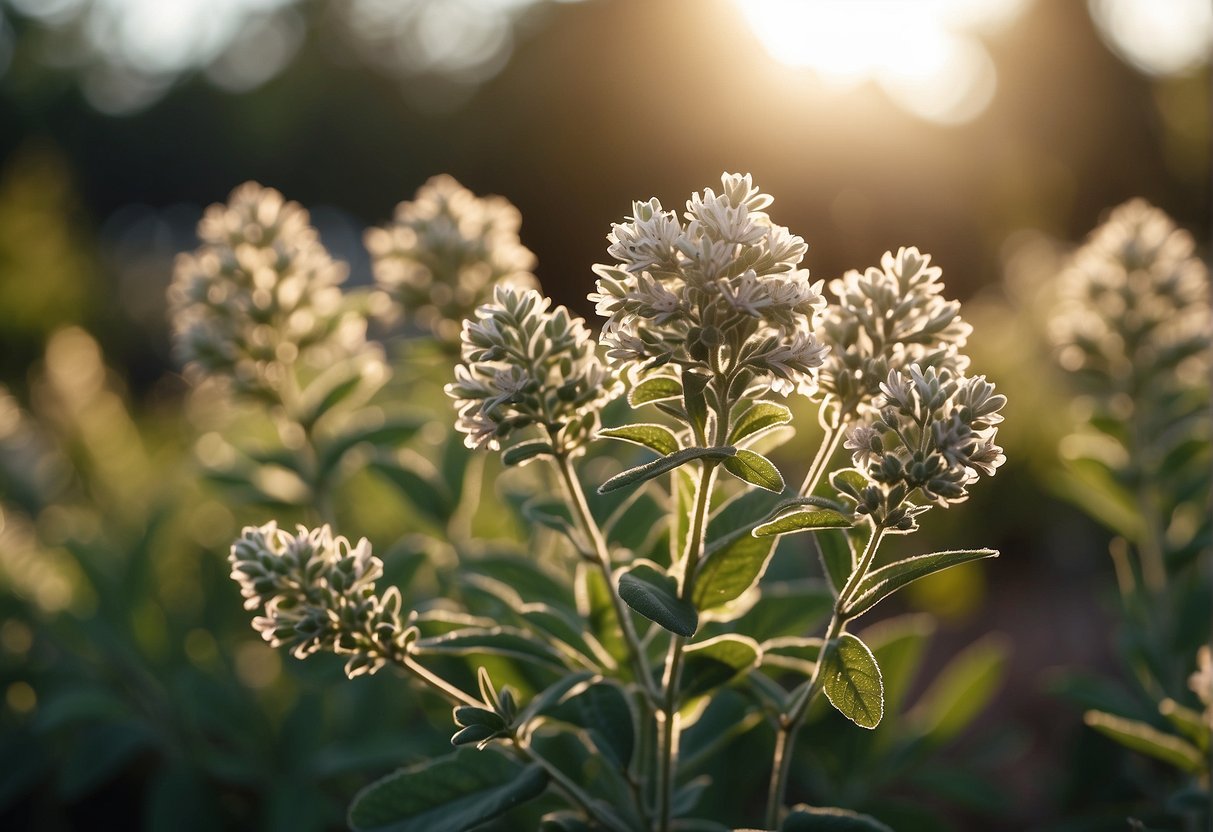 A delicate sage plant blooms in a sunlit garden